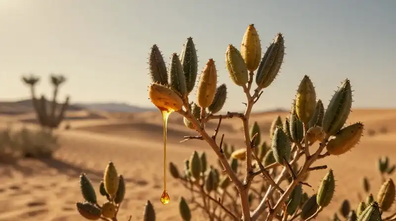 Golden oil flows from the resilient shrub in a dry desert