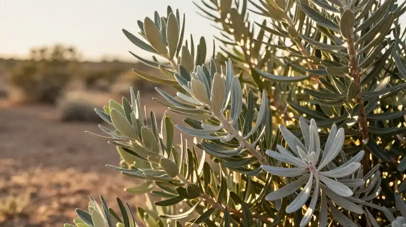 A silver-leaved Jojoba plant bathed in dappled golden hour sunlight