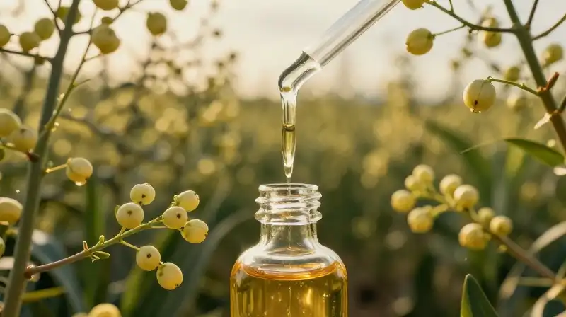 Golden oil fills glass tubes among sunlit joojoba branches