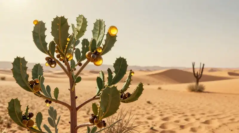 Golden oil droplets cover a Jojoba plant in a dry desert