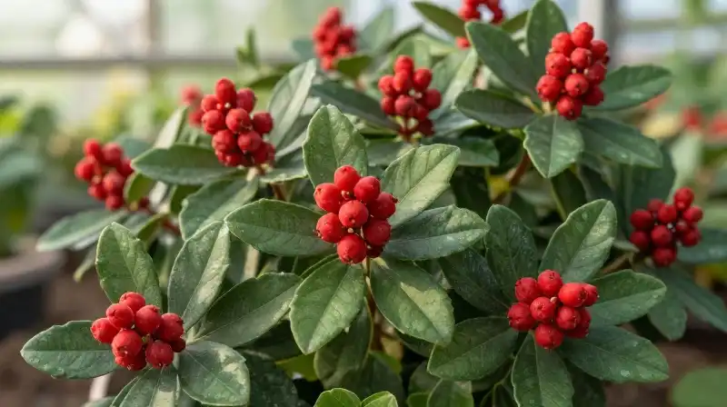 Vibrant red Skimmia foliage glows under soft morning light