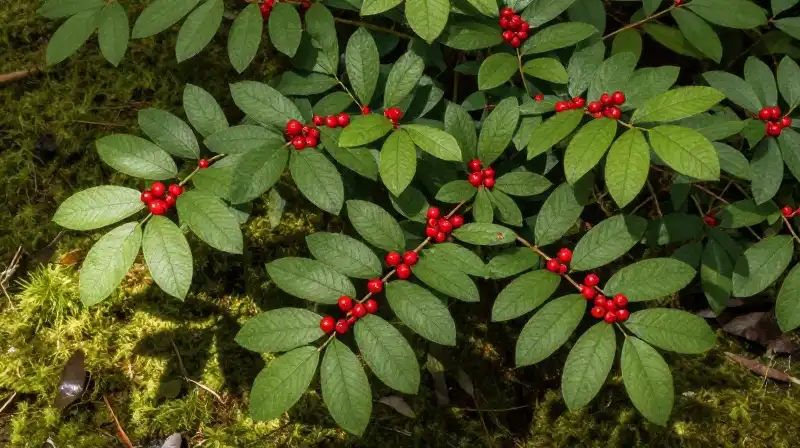 Lush green Skimmia foliage dotted with red berries, mossy floor under dappled sunlight