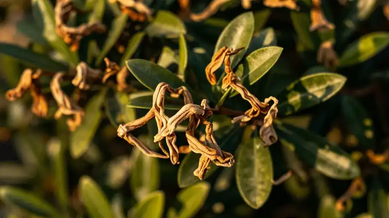Vibrant Skimmia leaves contrast with wilting foliage in golden light