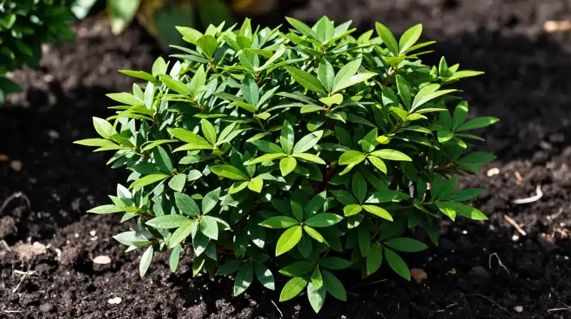 Lush green Skimmia shrub thrives in dappled sunlight over dark soil