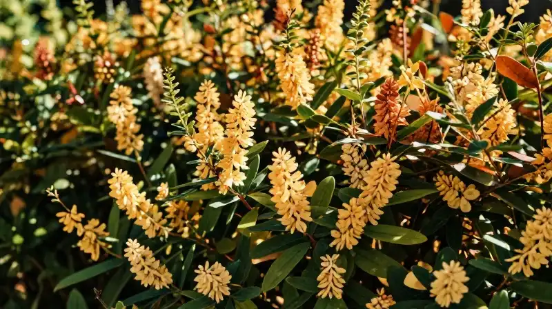 Bright purple Skimmia bushes pop in a crisp fall garden