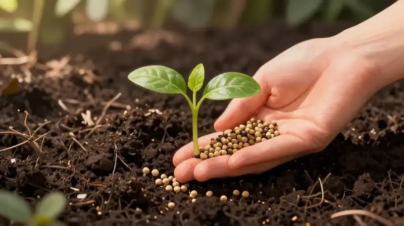 Hand fertilizes a small seedling in dark, moist soil under dappled sunlight