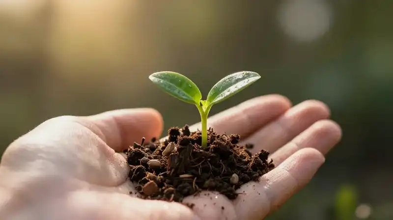 Emerald sprouts emerge from rich, dark soil under a warm glow