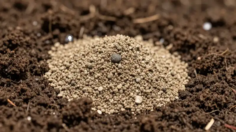 Moist soil cross-section revealing vibrant organic fertilizer granules