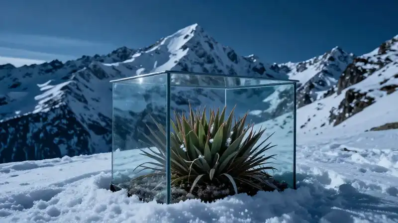 A vibrant plant inside glass, surrounded by icy blue, snowy mountains