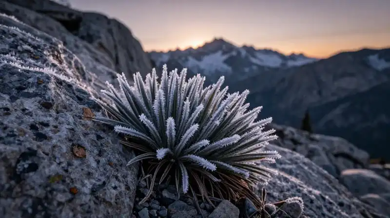 Frost-covered alpine plant silhouetted on snowy granite at dramatic twilight