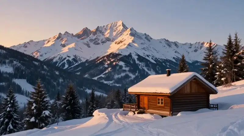 A cozy cabin glows under golden light amid vast snowy mountains