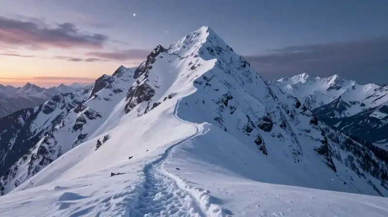 Majestic, snow-capped peaks pierce a dramatic, icy twilight blizzard
