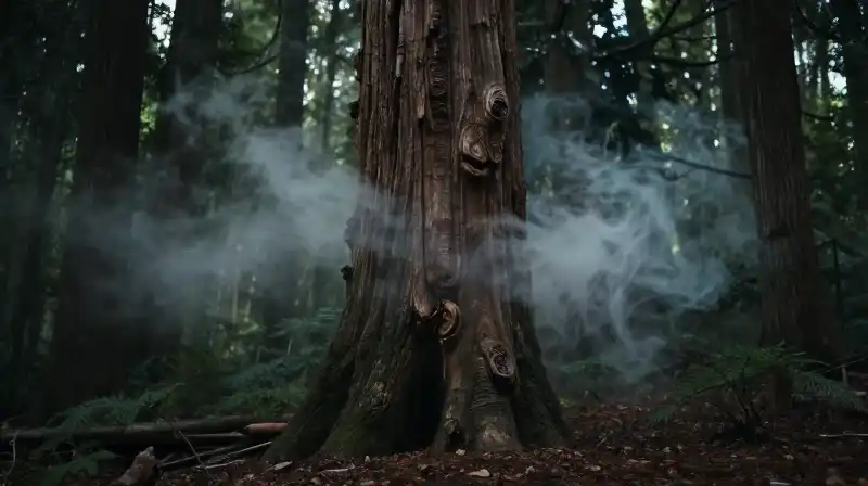 Ancient cedar trunk enveloped in swirling mist under dramatic light
