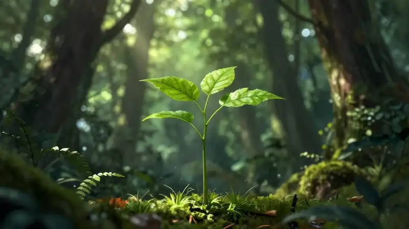 A delicate sapling glows under sun-dappled, humid southern woods