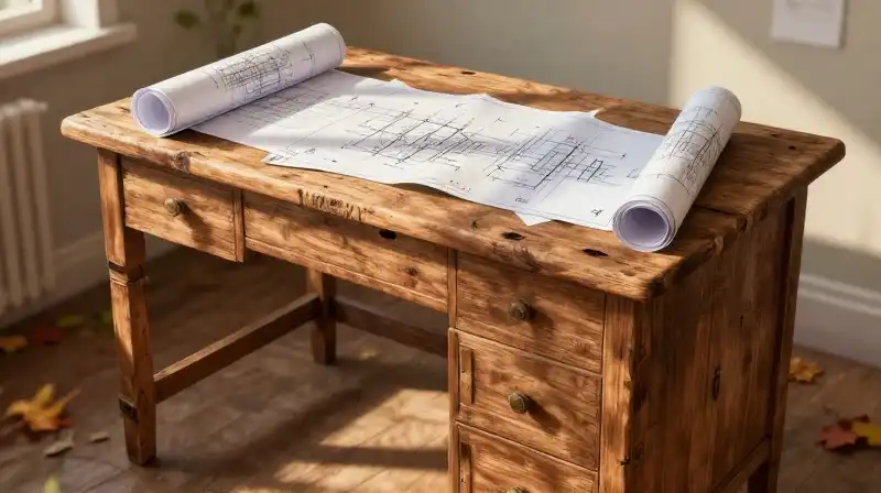 Blueprints rest on a rustic wooden desk in warm autumn sunlight