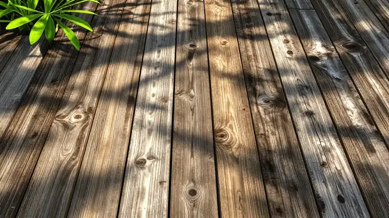 Vibrant plant grows on weathered wood under dappled sun