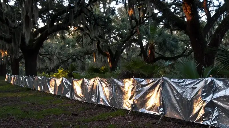 Dim twilight engulf dense swamps and a heavy reflective barrier