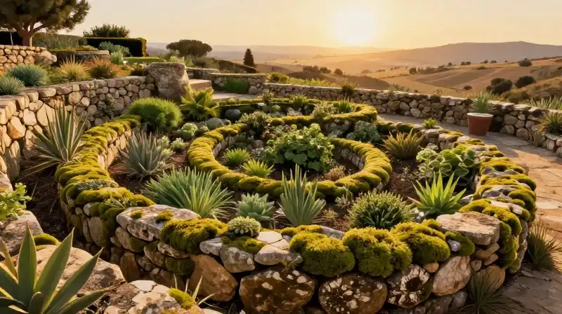 A sun-drenched spiral garden grows beside a mossy stone terrace