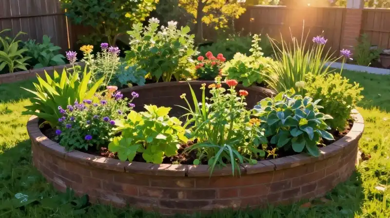 Spiraling garden bed overflows with lush herbs and golden light