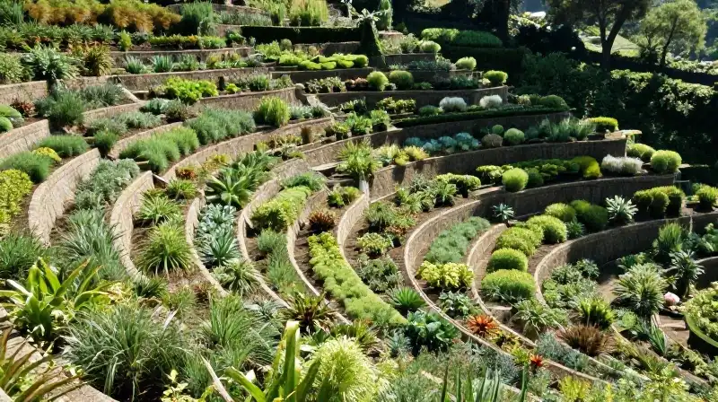 Lush spiral herb terraces ascend a steep, sun-dappled hillside