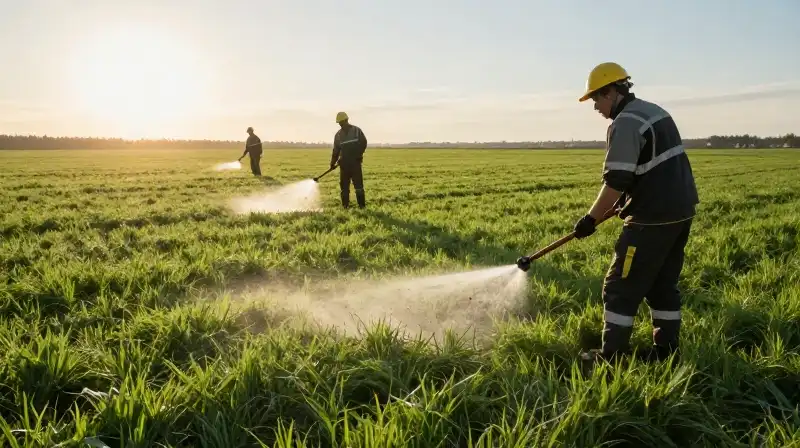 Ground crew sprays seed across a vibrant, sunlit open field