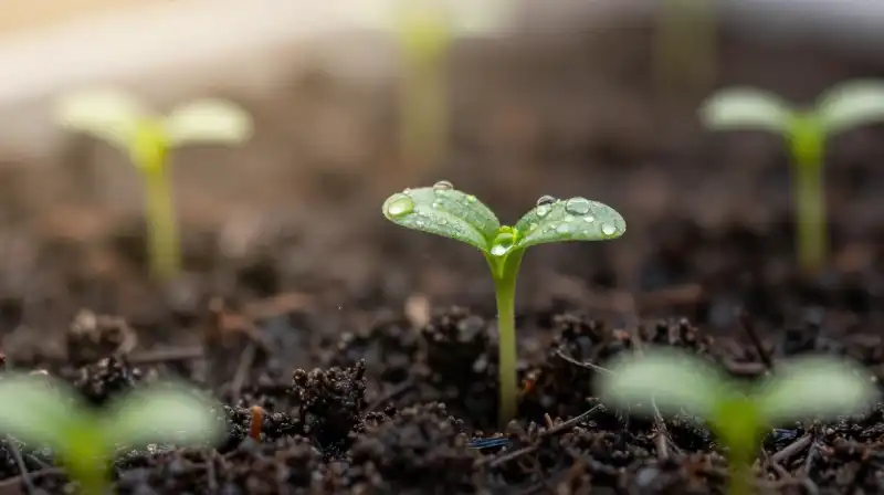Tiny green seedlings emerge from dark soil with dew in soft sunlight