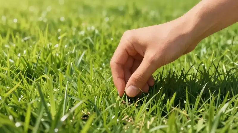 A hand plants grass seeds on a lush, vibrant summer lawn