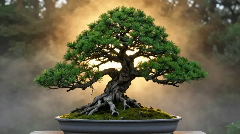 Glowing ancient spruce bonsai shrouded in dramatic golden mist