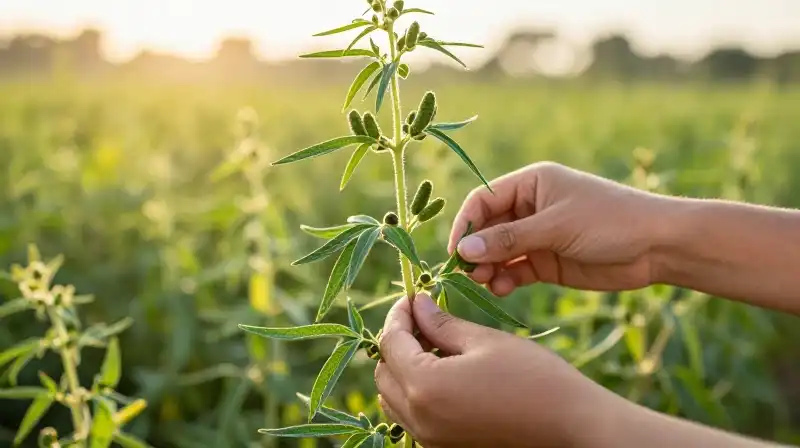 Hands harvest vibrant stevia pods in a sun-drenched agricultural field