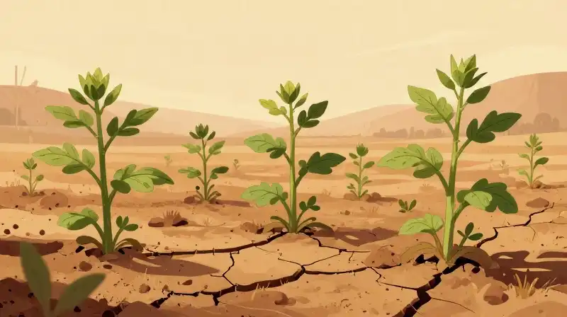 Struggling stevia plants grow from cracked, sun-scorched earth