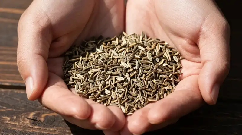 Sunlit delicate seeds nestled in hands upon a dark wooden surface