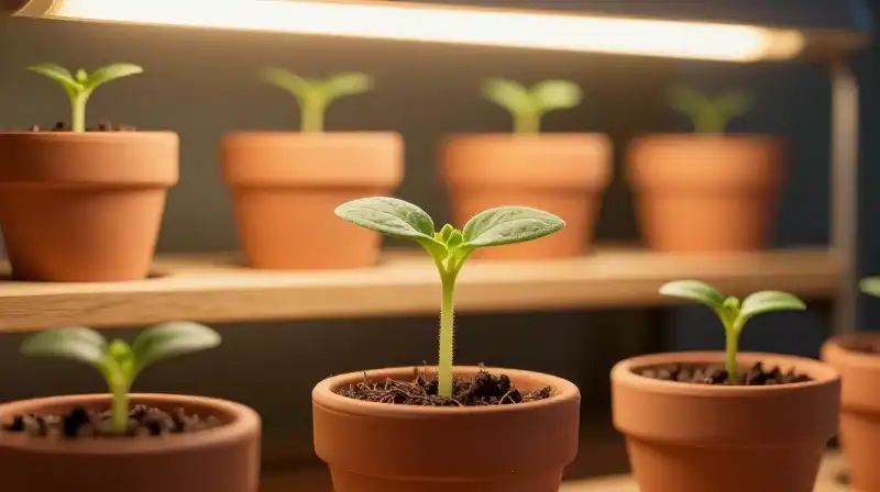 Small seedlings on tiered pots glow under warm LED grow lights