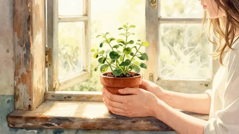 A woman gently nurtures a delicate plant on a sunlit wooden windowsill