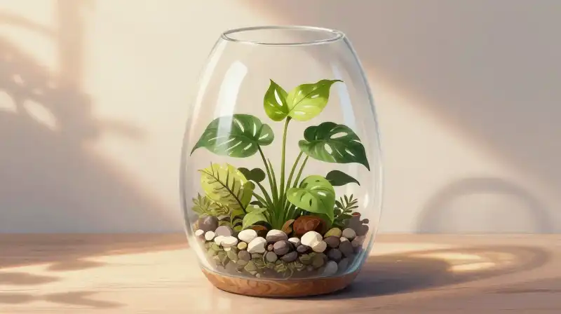A glowing plant thrives within a softly lit, ethereal glass terrarium