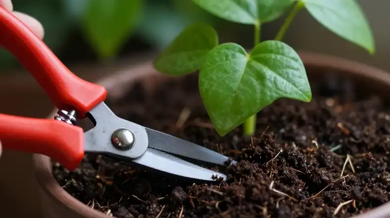 A vibrant sweetheart plant rests in rich soil, touched by pruning shears