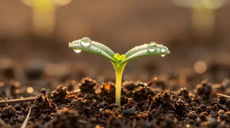 Delicate seedling shines in rich soil under golden light