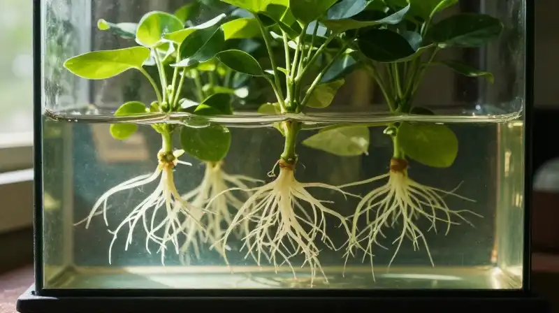 Sunlight illuminates delicate plant roots forming in a clear glass terrarium