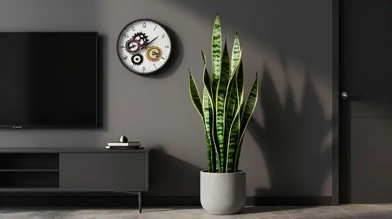 A tall snake plant and tiny gears sit in a sleek, dramatically lit setting