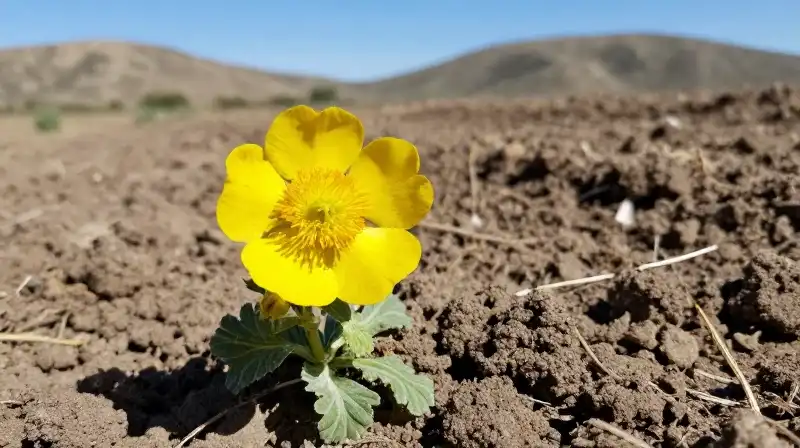 Bright sun highlights golden columbine blooms in tilled Texas soil