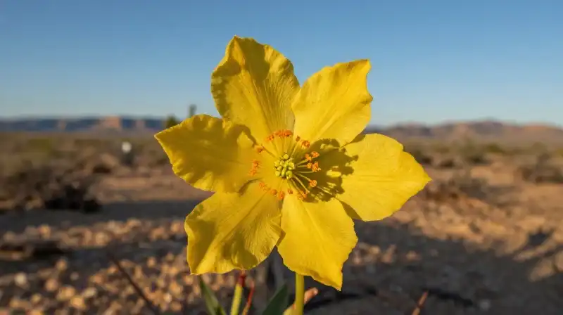 A golden columbine glows intensely against the sharp desert landscape