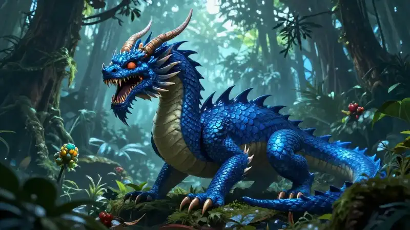 A fierce blue dragon stalks the lush tropical rainforest