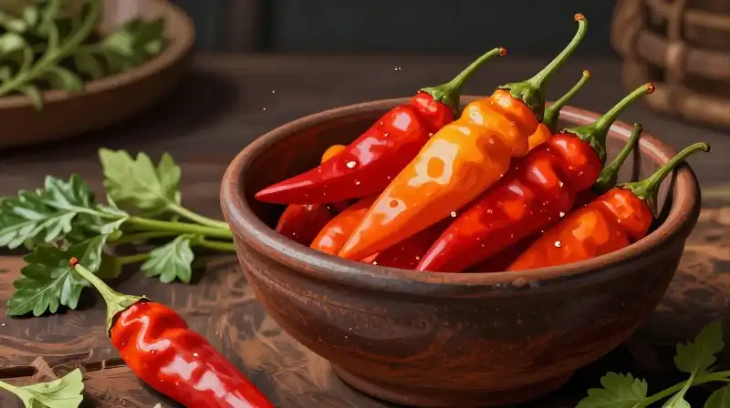 Vibrant Thai peppers rest in a rustic bowl with scattered herbs