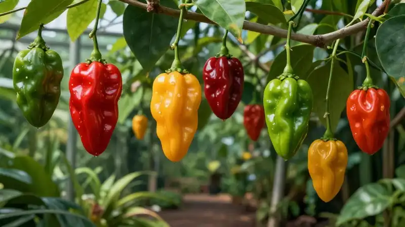 Vibrant Thai dragon peppers glow within a lush greenhouse setting