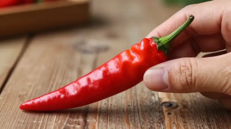 Vibrant red pepper rests on rustic wooden table