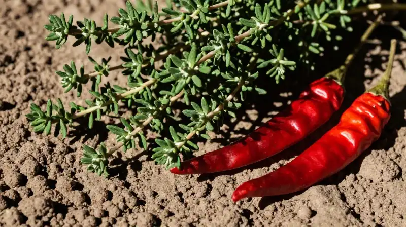 Vibrant red chilis and green thyme against coarse, sunlit earth