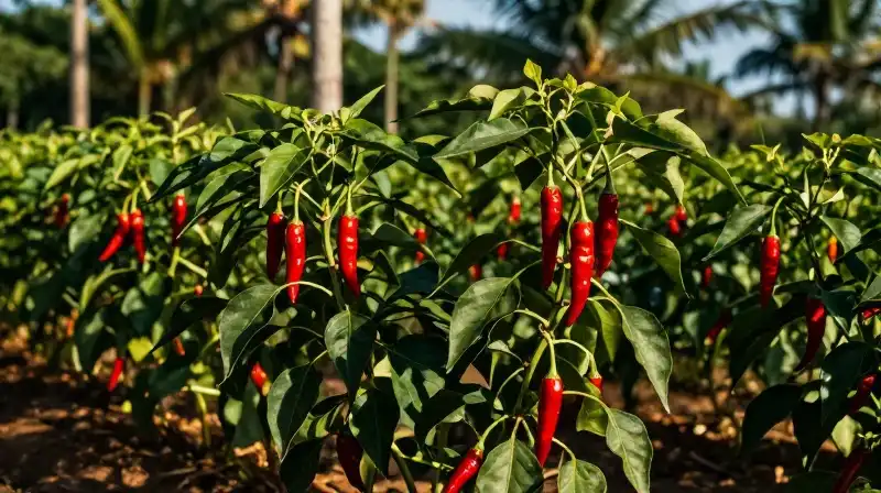 Ripe red chilies grow lush on vines in a sun-drenched tropical farm