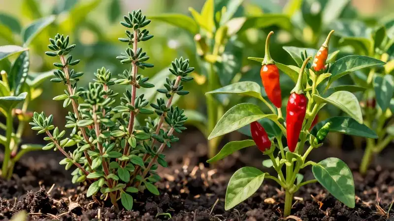 Detailed peppers and thyme bloom in vibrant, sunlit, lush soil