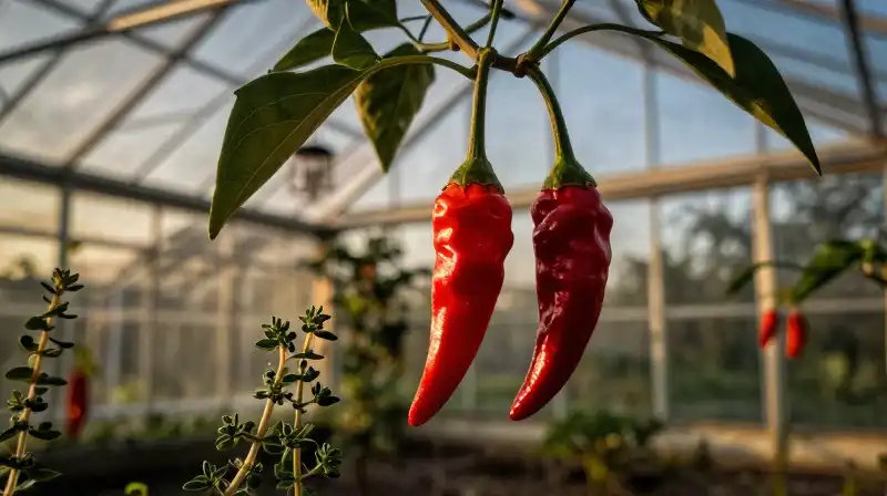 Vibrant red peppers and thyme thrive in a glowing golden glass greenhouse