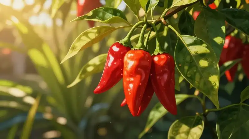 Vibrant peppers glow dramatically amidst lush golden tropical foliage