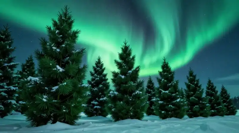 Sculptural trees stand against a snowy arctic landscape under emerald aurora